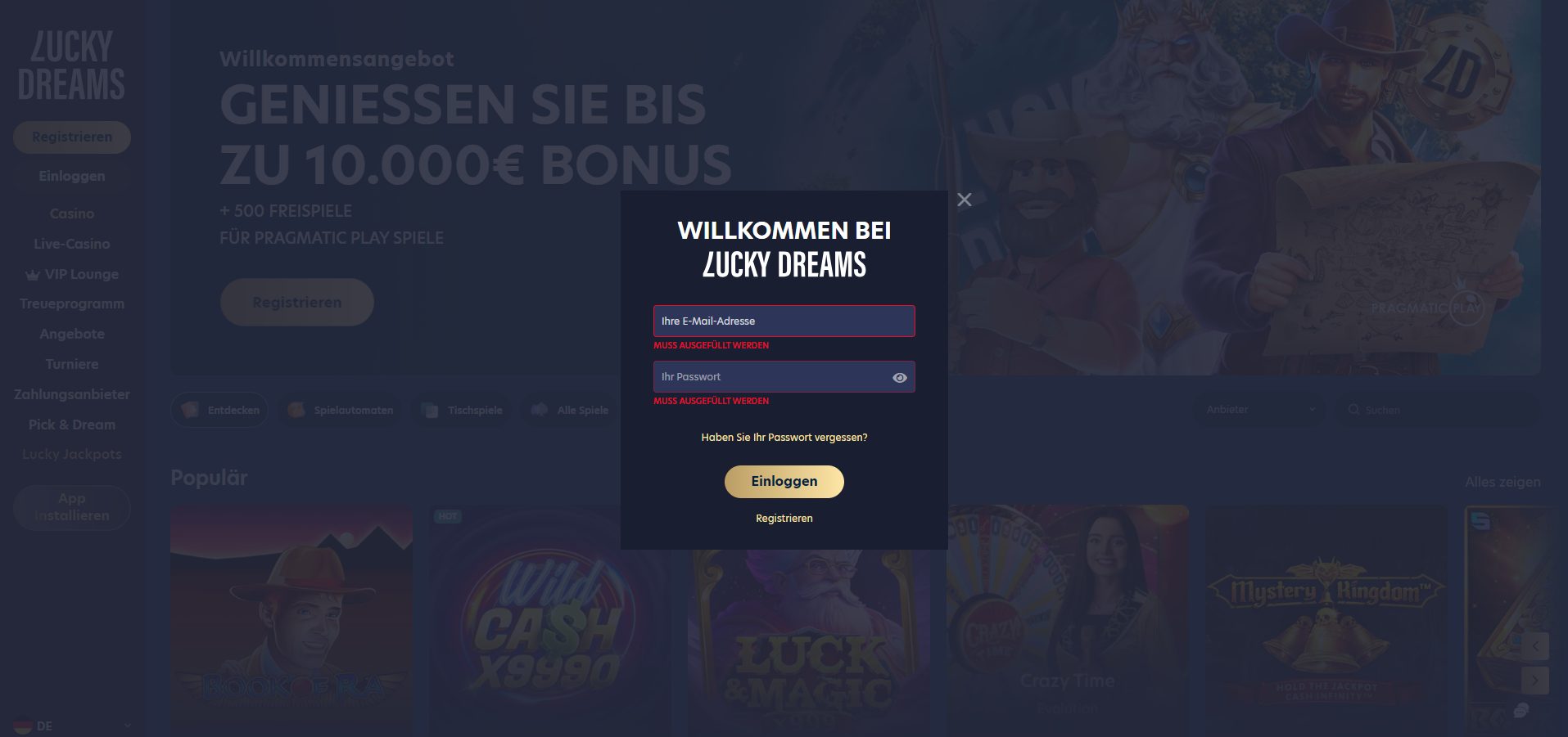 lucky dreams login form